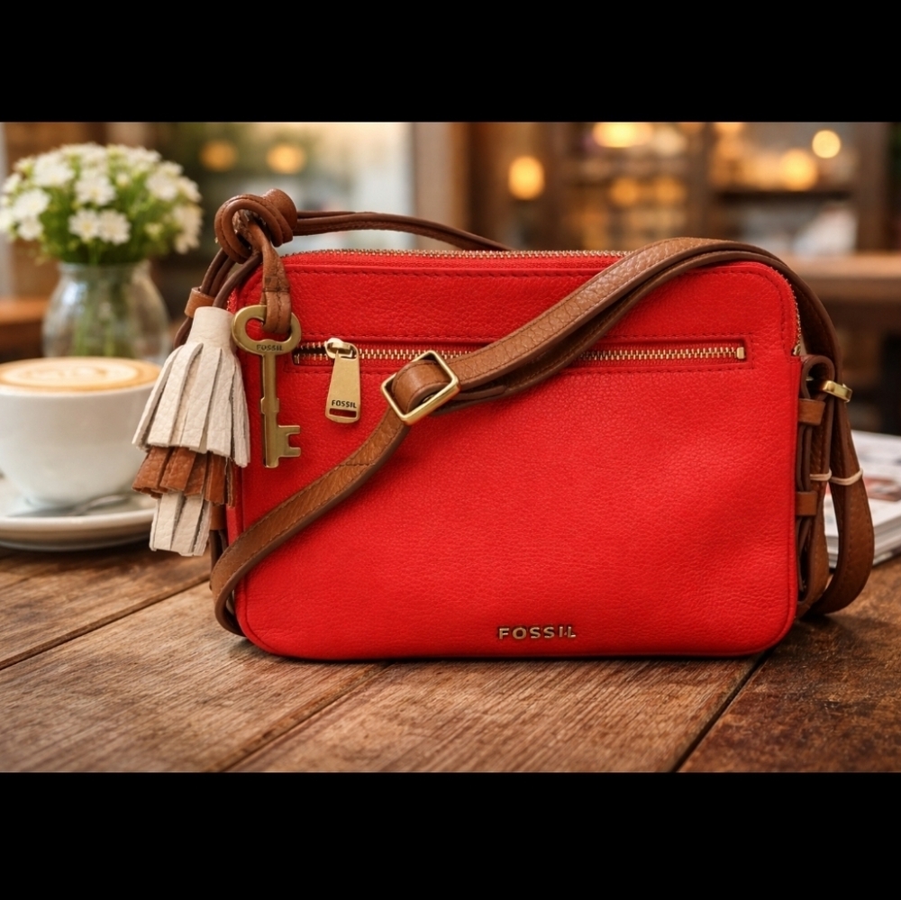 Fossil Vibrant Red Crossbody Bag with Tan Accents